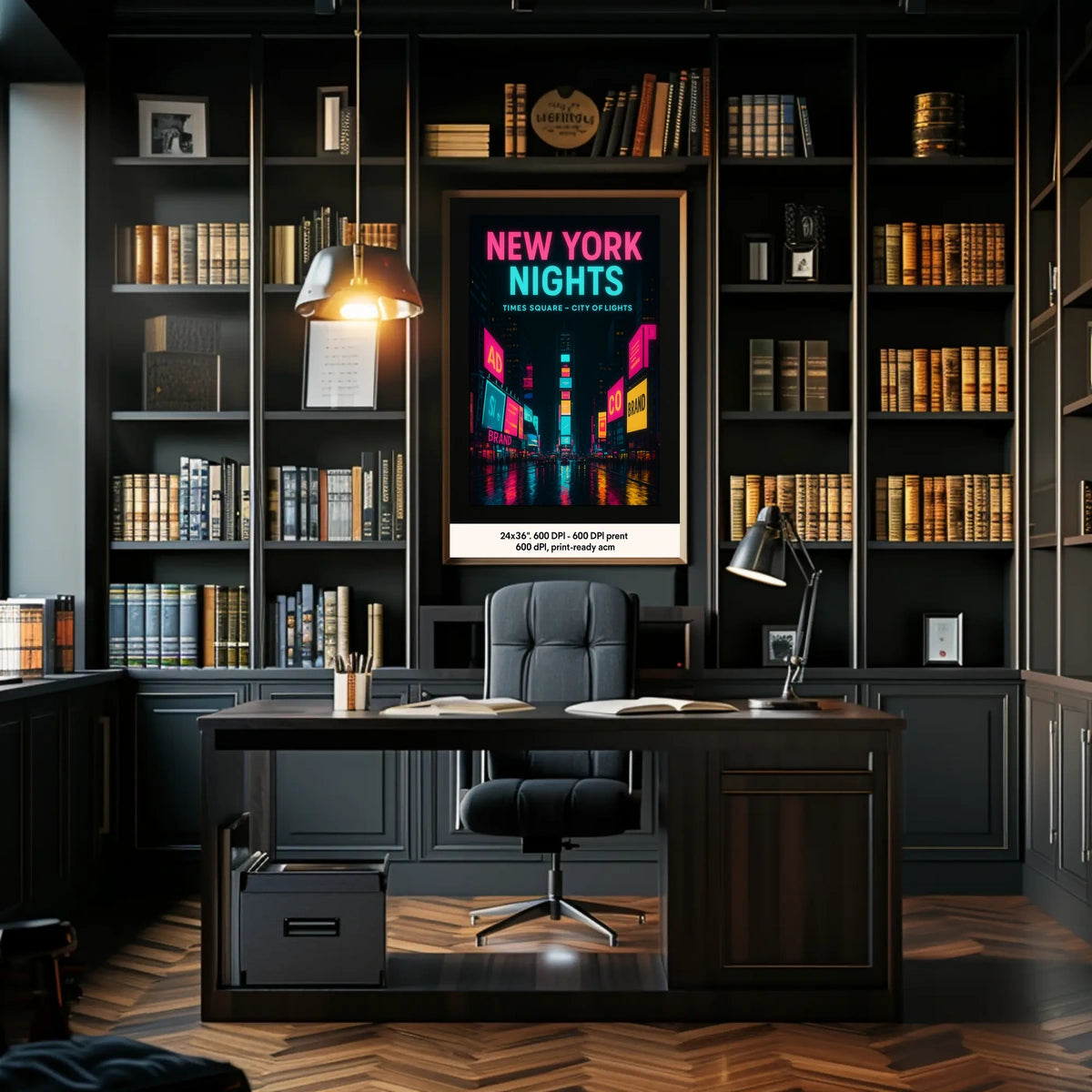 Vibrant Neon Nightscape in Times Square Urban Cityscape Poster