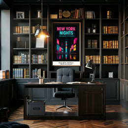 Vibrant Neon Nightscape in Times Square Urban Cityscape Poster