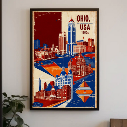 Ohio USA 1950s Civic Towers Vintage Travel Poster