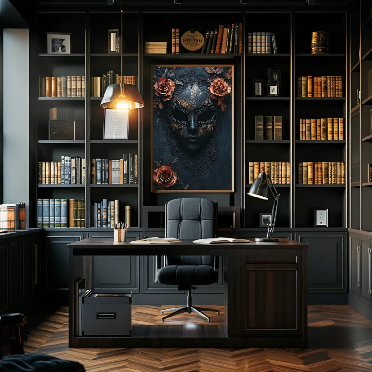 The poster features a stylized ornate mask in a dark and moody setting. Travel Poster