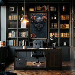 The poster features a stylized ornate mask in a dark and moody setting. Travel Poster