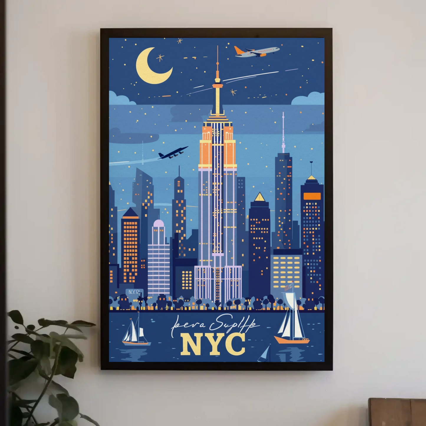 NYC Empire State Building Night Vintage Travel Poster