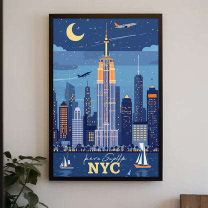 NYC Empire State Building Night Vintage Travel Poster
