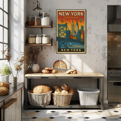 New York Empire State Skyline Bridge Vintage Poster