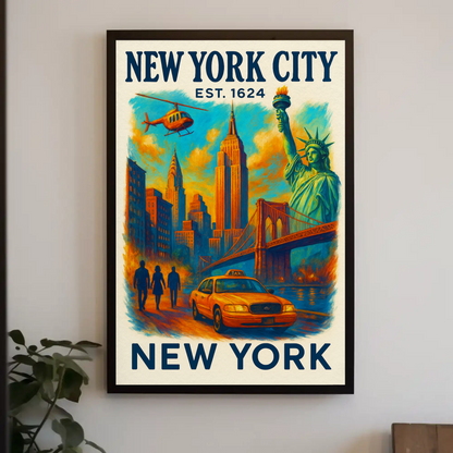 New York City Skyline Taxi Liberty Vintage Travel Poster