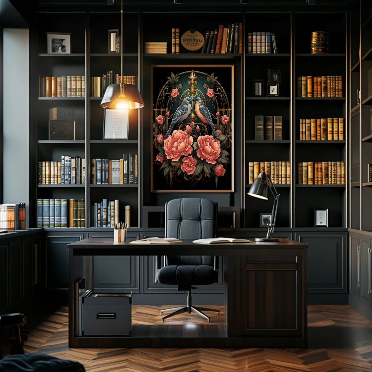 Art Nouveau Birds and Roses Vintage Poster