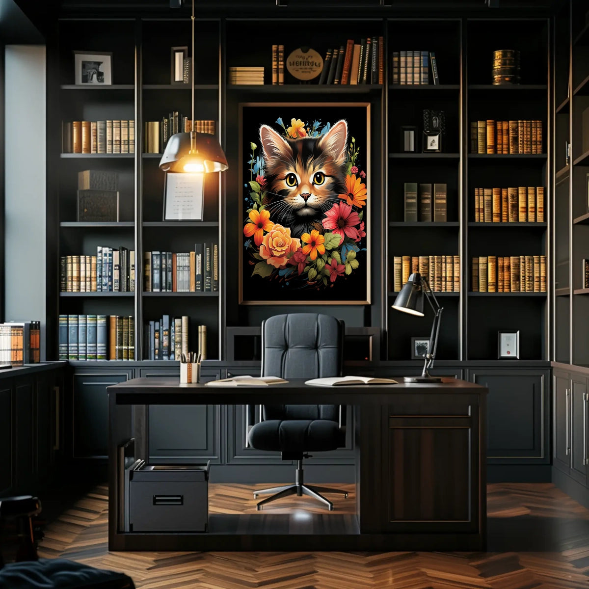 Charming Cat and Flowers Modern Art Poster