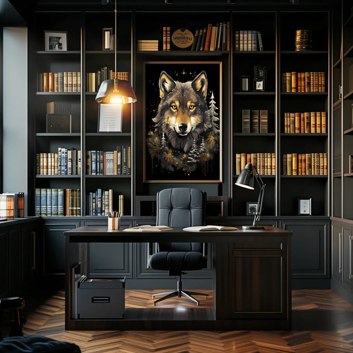 Stylized Wolf Against Dark Background Animal Poster