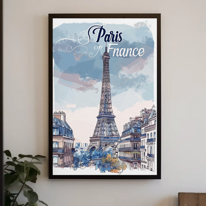Paris France Watercolor Eiffel Tower View