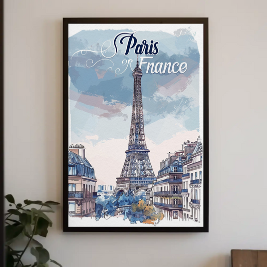 Paris France Watercolor Eiffel Tower View
