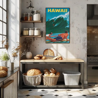 Hawaii Surfers Riding Giant Wave Ocean Travel Poster