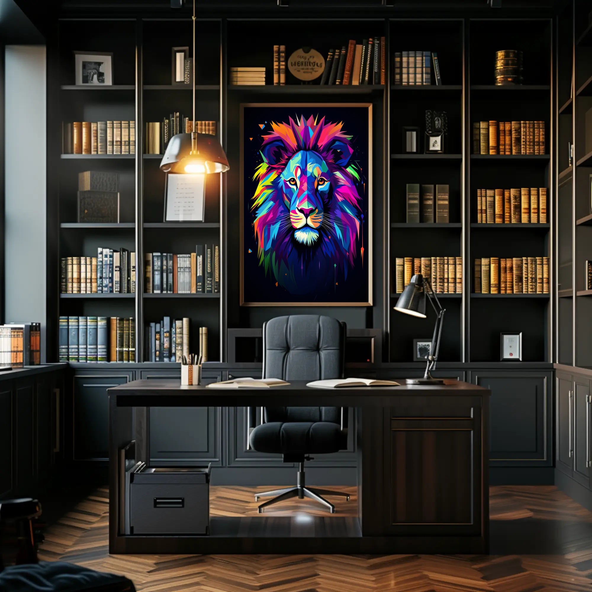Vibrant Lion Portrait in Abstract, Artistic, or Pop Culture Poster