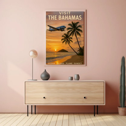 Visit The Bahamas Ocean Island Plane Sunset Travel Poster