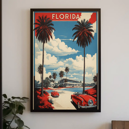 Florida Retro Cars Beach Palms Vintage Travel Poster