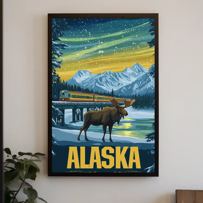 Alaska Vintage Poster - Moose and Northern Lights
