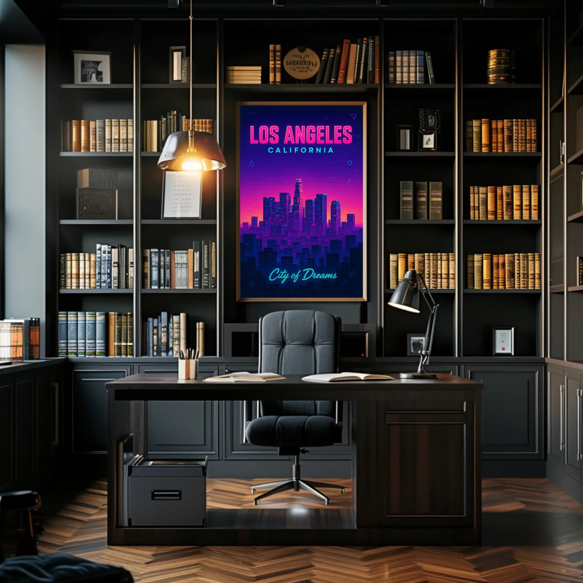 Neon Los Angeles Skyline Retro-Futuristic Urban or Cityscape Poster