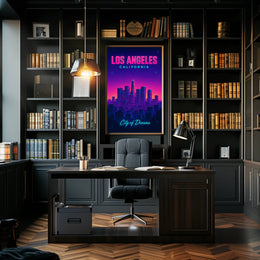 Neon Los Angeles Skyline Retro-Futuristic Urban or Cityscape Poster