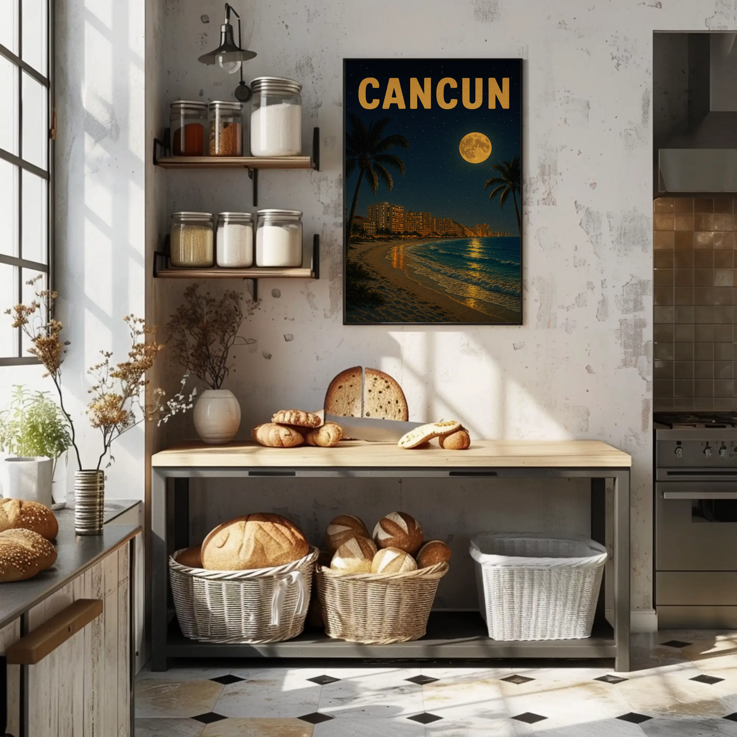 Cancun Beachfront Skyline Moonlight Travel Poster