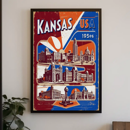 Kansas USA 1950s Grand Structures Vintage Maroon Travel Poster