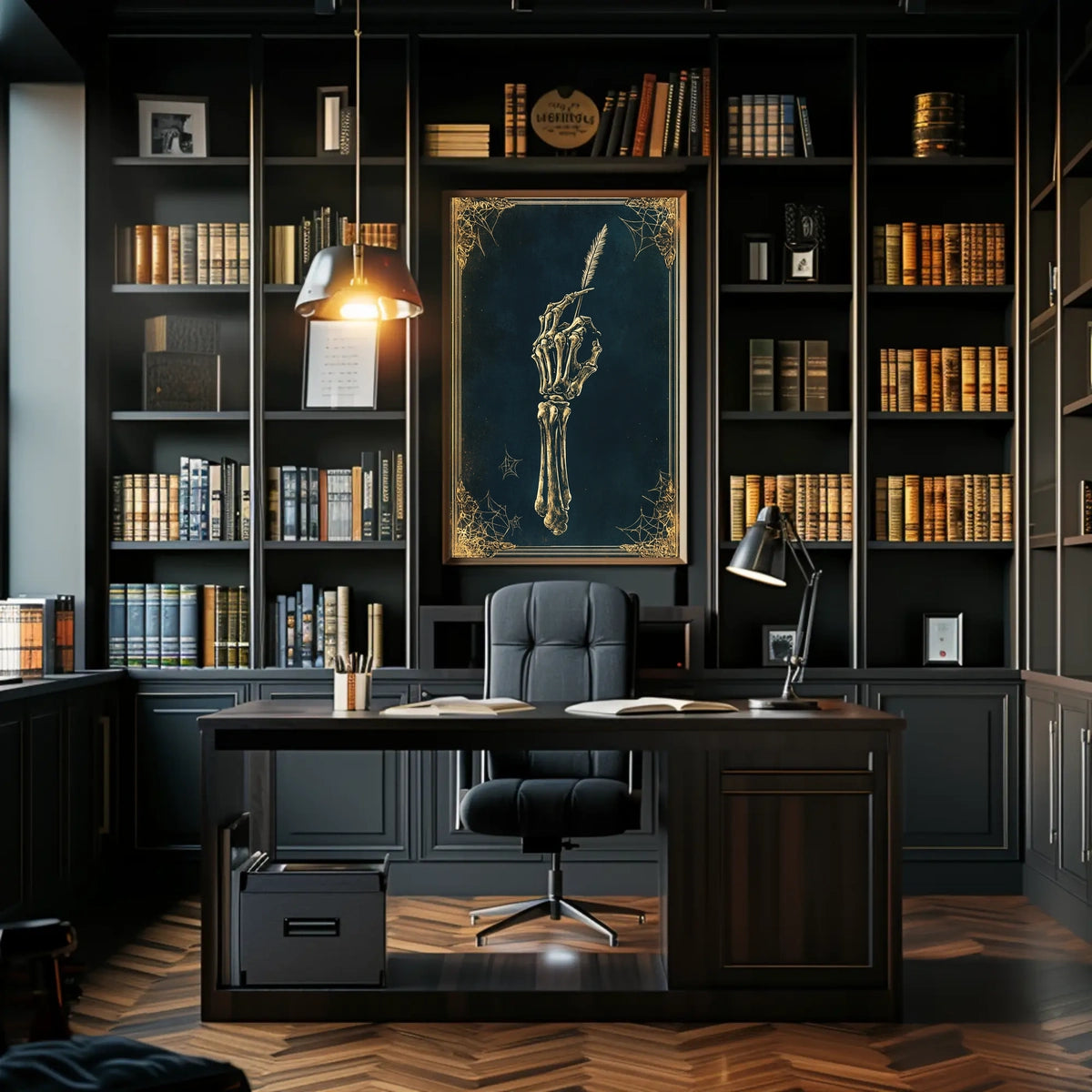 The poster depicts a skeletal hand holding a quill pen, set against a Travel Poster
