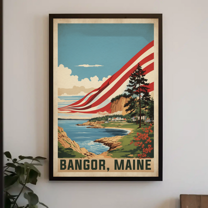 Bangor Maine Coastal Cliffside Vintage Travel Poster