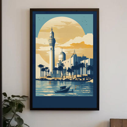Mosque And Minaret Coastal Scene Vintage Travel Poster