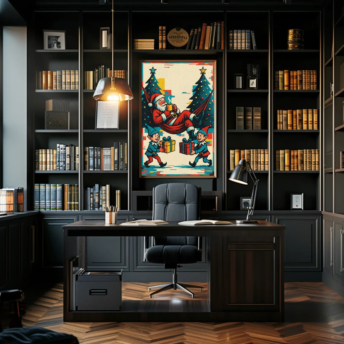 Festive Santa and Elves Vintage Christmas Poster