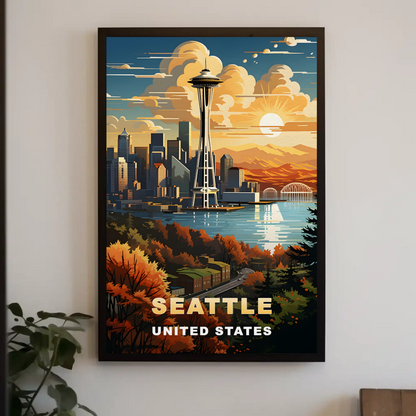 Seattle Space Needle Autumn Sunset Vintage Travel Poster