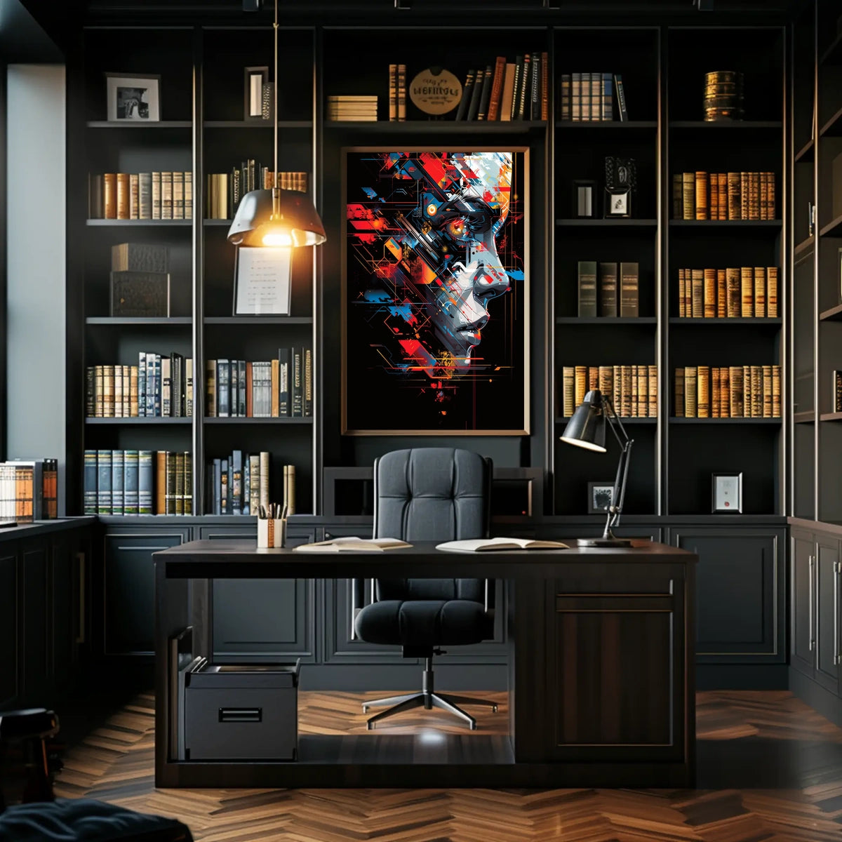 Futuristic Cyberpunk Face Art Poster: Tech Fusion