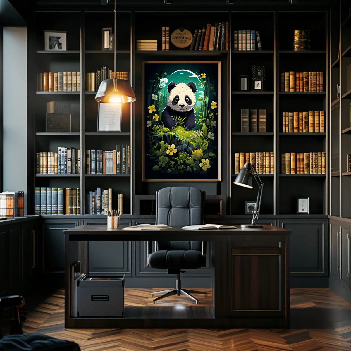 Panda in Whimsical Forest Cartoon Art Poster