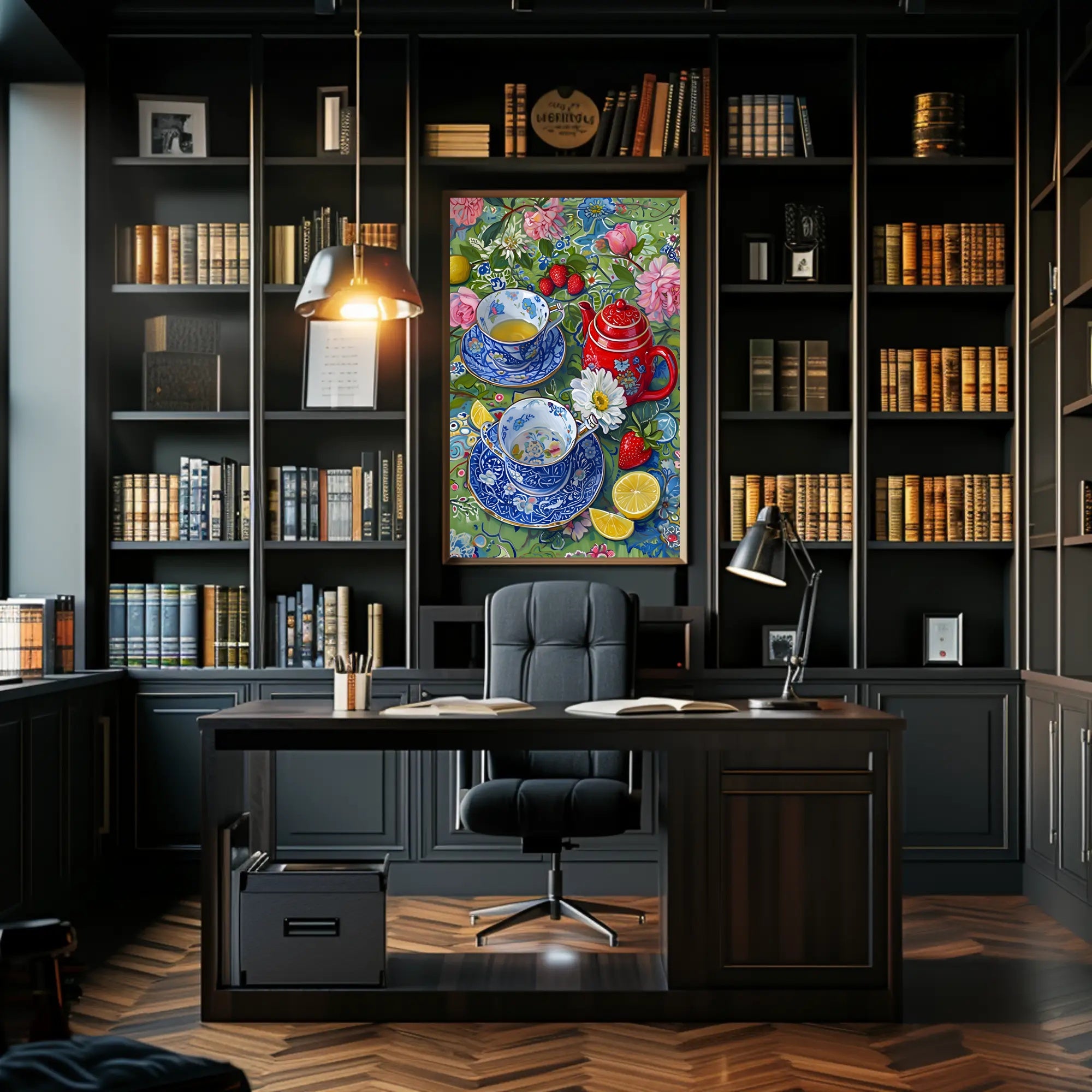 Vibrant Floral Tea Scene Poster with Artistic Poster PosterGoat