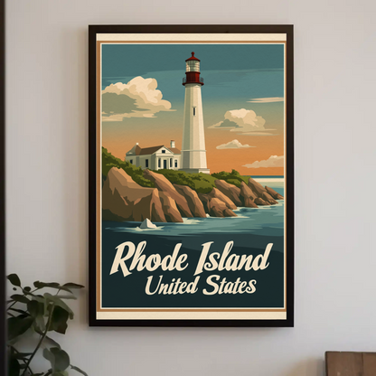 Rhode Island - Coastal Lighthouse Vintage Travel Poster