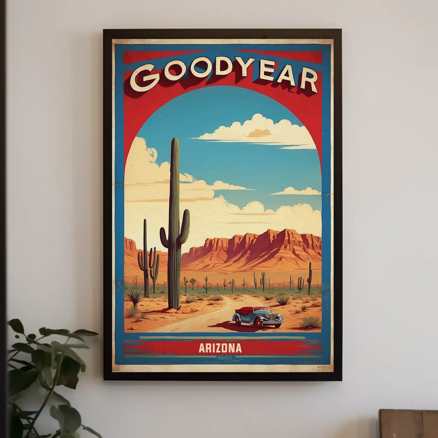 Goodyear Arizona Desert Roadster Mountains Vintage Travel Poster