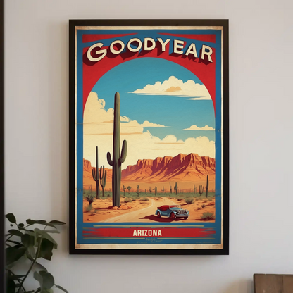 Goodyear Arizona Desert Roadster Mountains Vintage Travel Poster