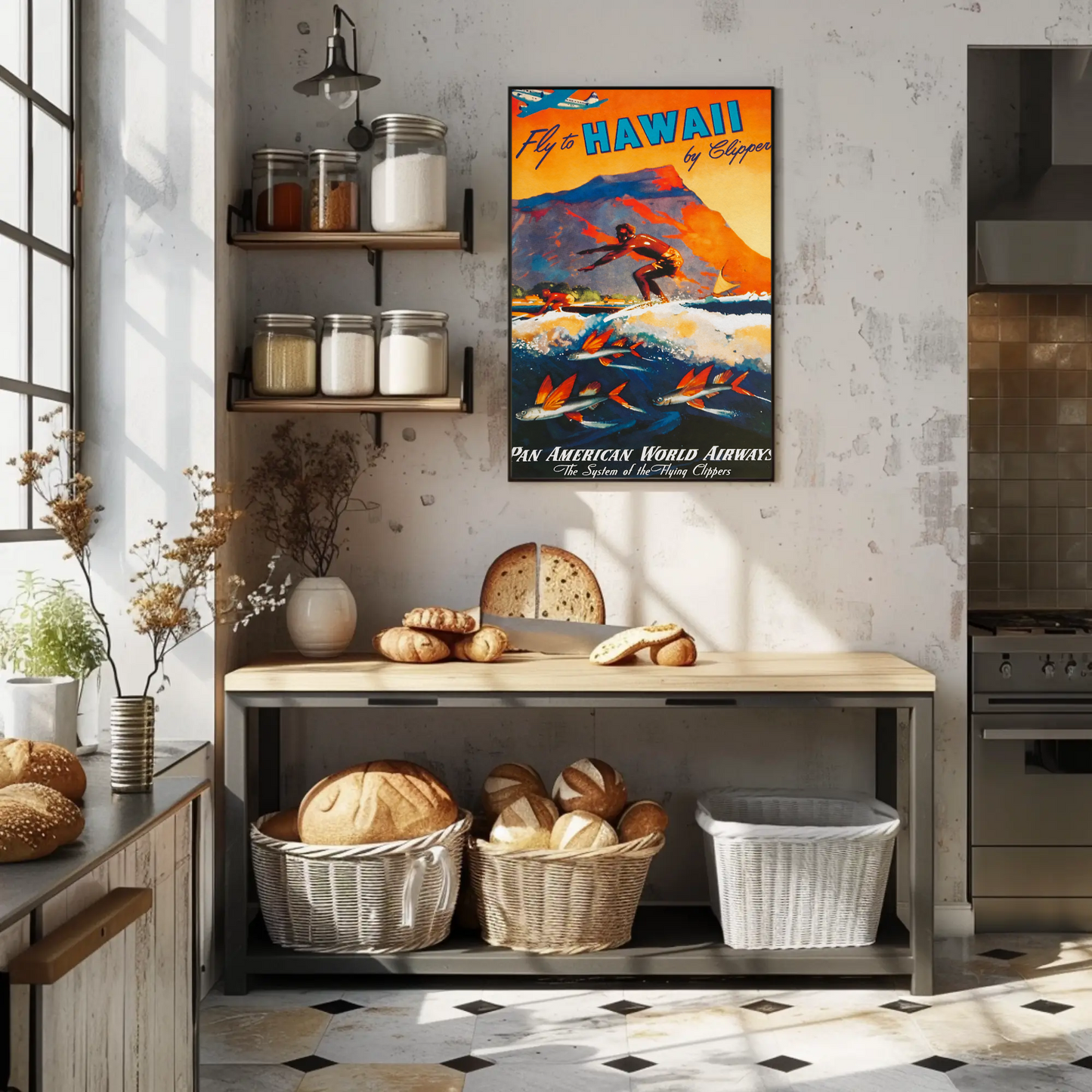 Fly To Hawaii Clipper Surfer Vintage Travel Poster