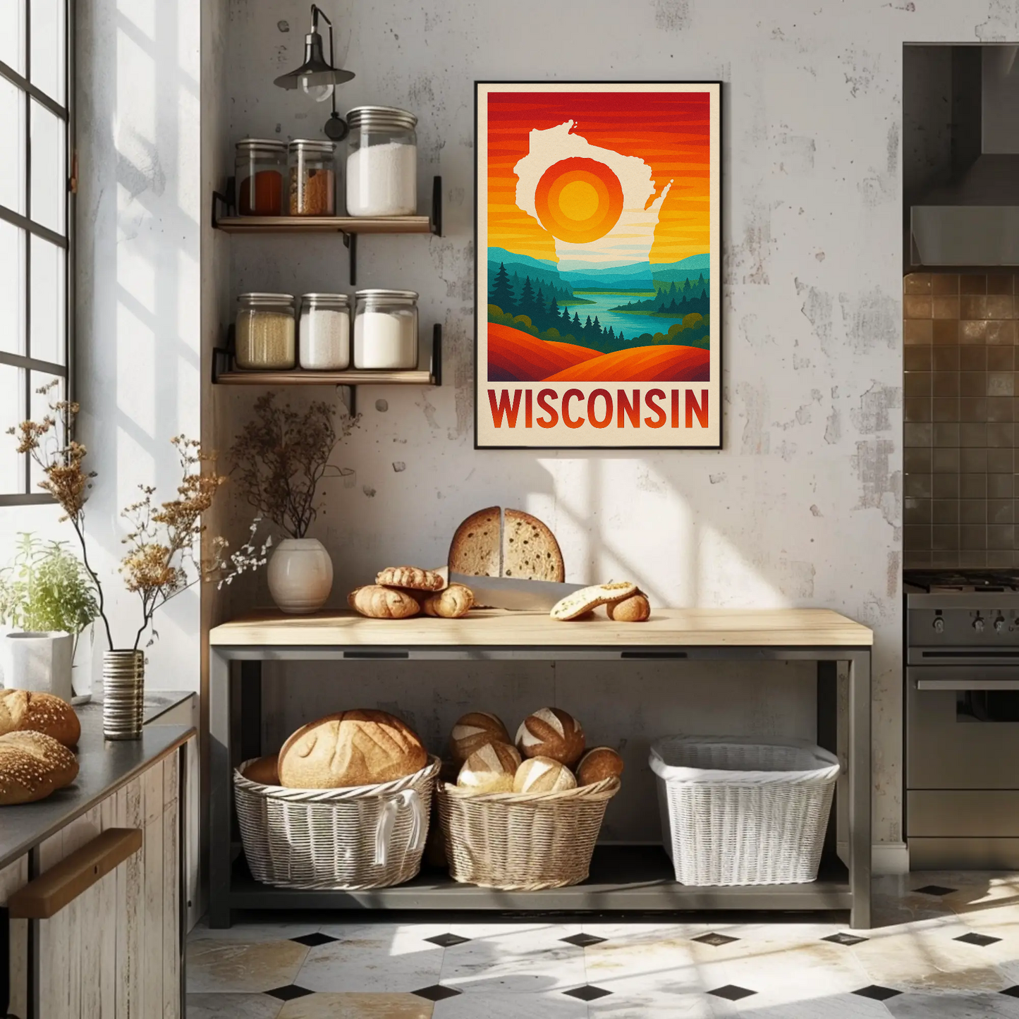 Wisconsin Sunset Nature River Forest Outline Scenic Travel Poster