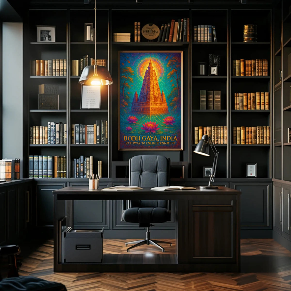 Bodh Gaya Spiritual Enlightenment Poster with Lotus Flowers
