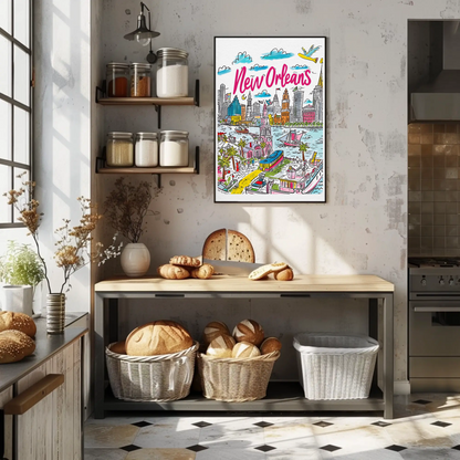 New Orleans Louisiana Colorful Riverside Cityscape Travel Poster