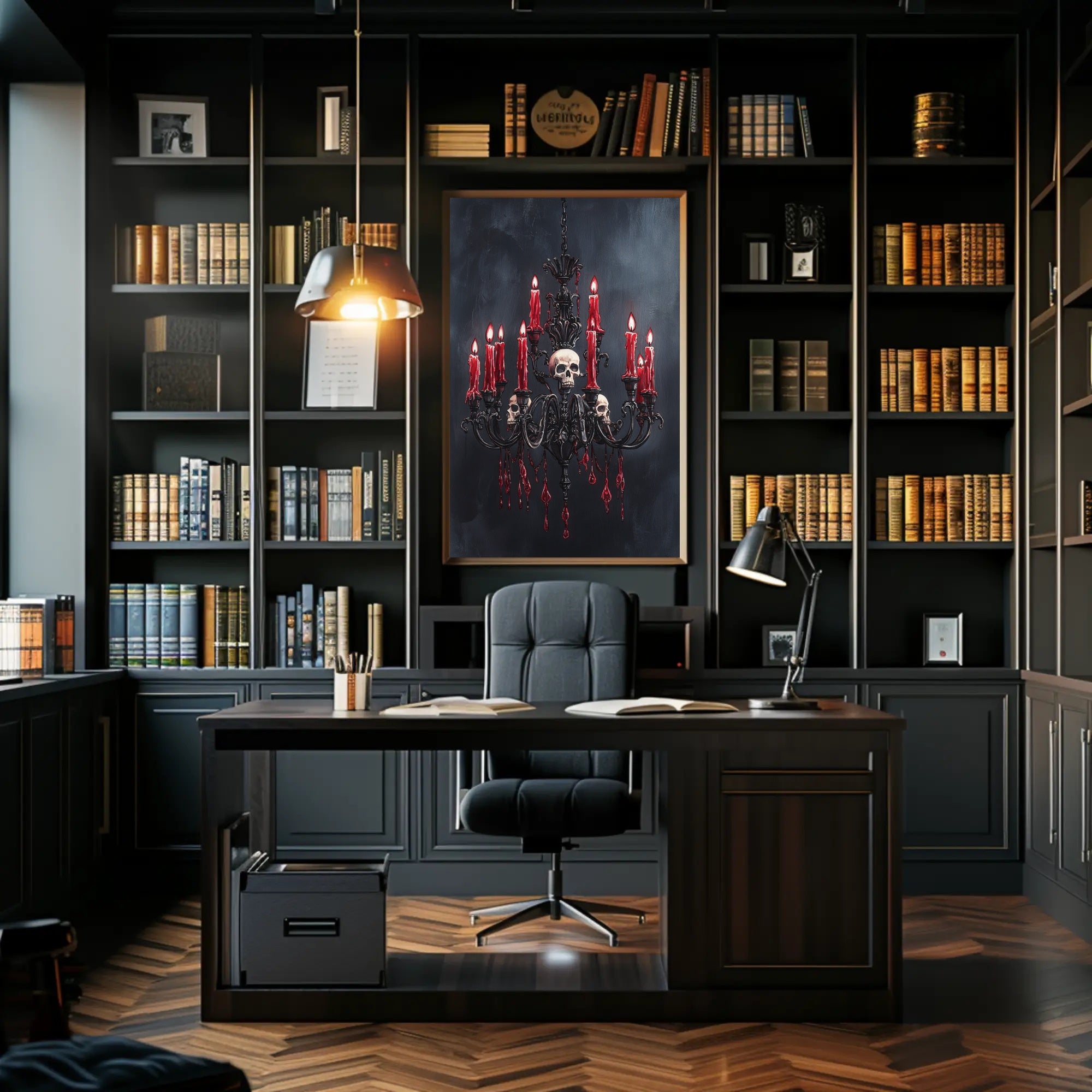 Gothic Chandelier With Skulls Poster