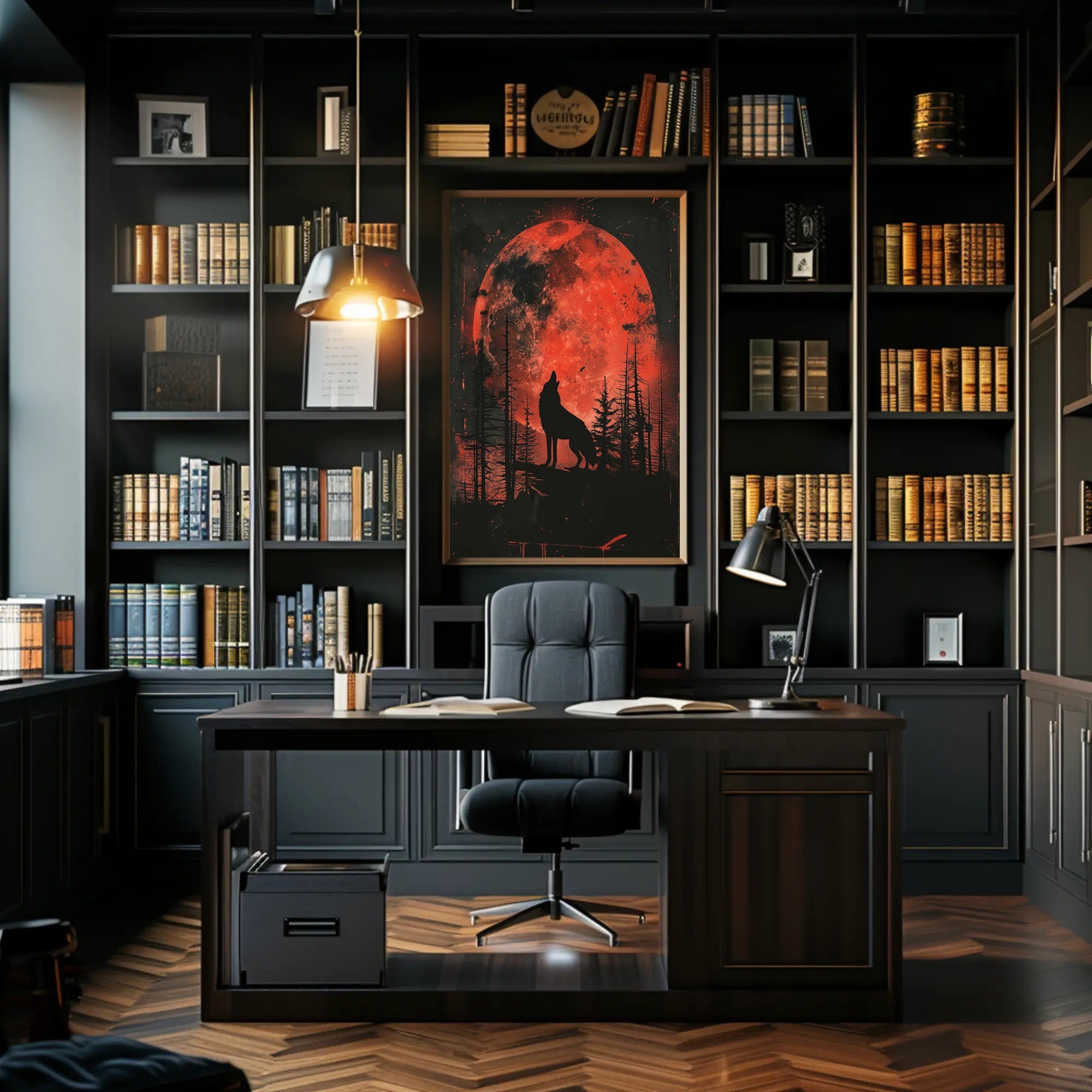 Howling Wolf Blood Moon Forest Art Poster PosterGoat