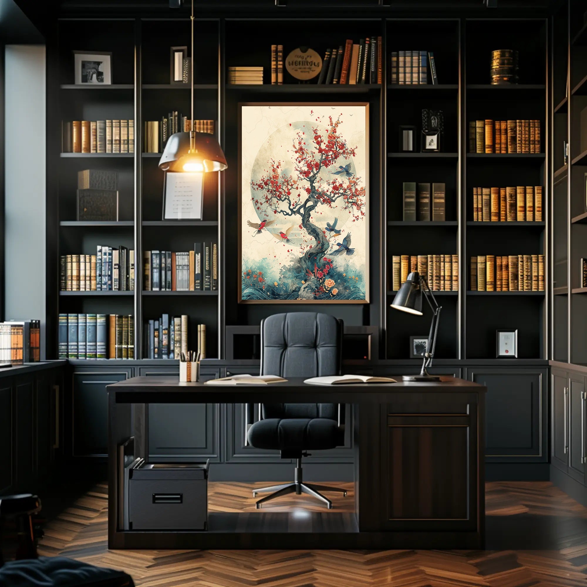 Cherry Blossom Harmony: Birds in Tranquil Flight PosterGoat