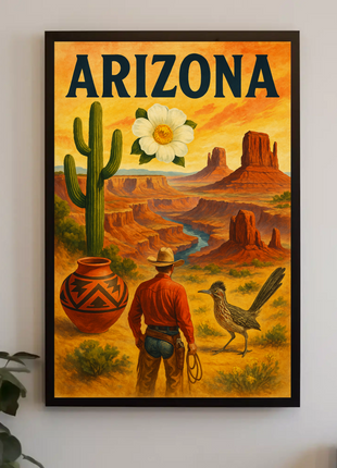 Arizona Desert Cowboy Saguaro Sunset Vintage Travel Poster