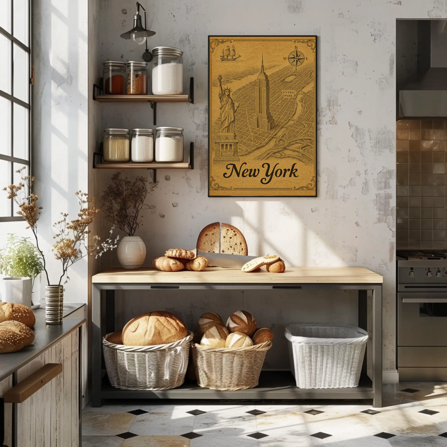 New York Old Map Empire State Statue Central Park Travel Poster