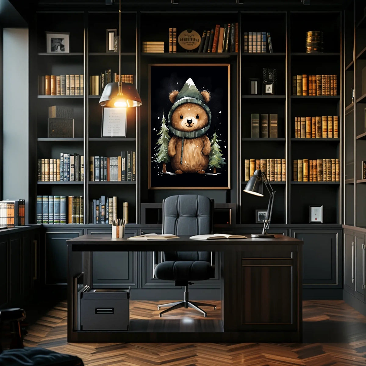 Whimsical Bear in Mountain Hood Cartoon Poster