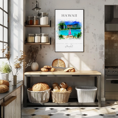 Hawaii Honolulu Sailboat Watercolor Skyline Poster