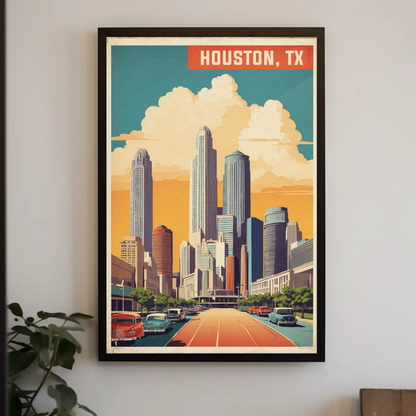 Houston Texas Skyline Classic Cars Sunset Vintage Travel Poster