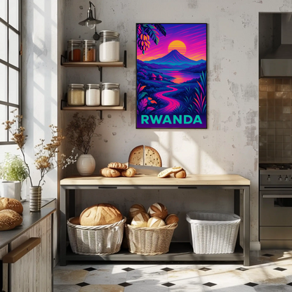 Rwanda Neon Night Valley Sunset Travel Poster