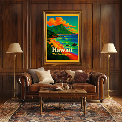 Hawaii Aloha State Colorful Coastline Travel Poster