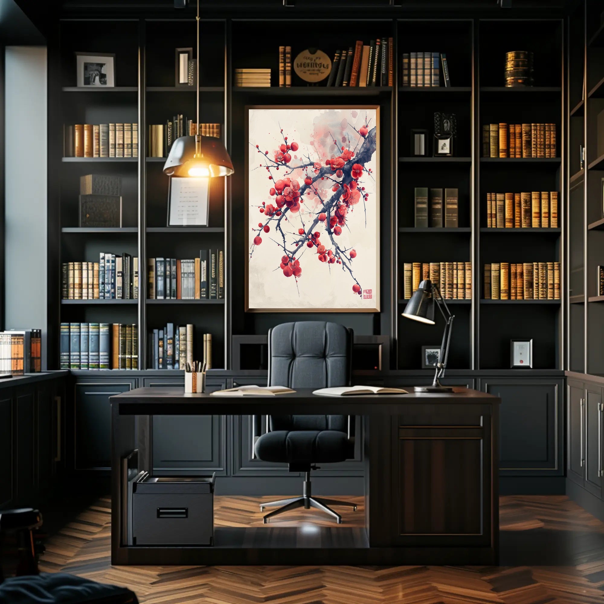 Elegant Red Plum Blossoms Artistic Poster PosterGoat