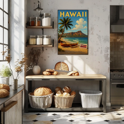 Hawaii Diamond Head Canoe Beach Flag Poster